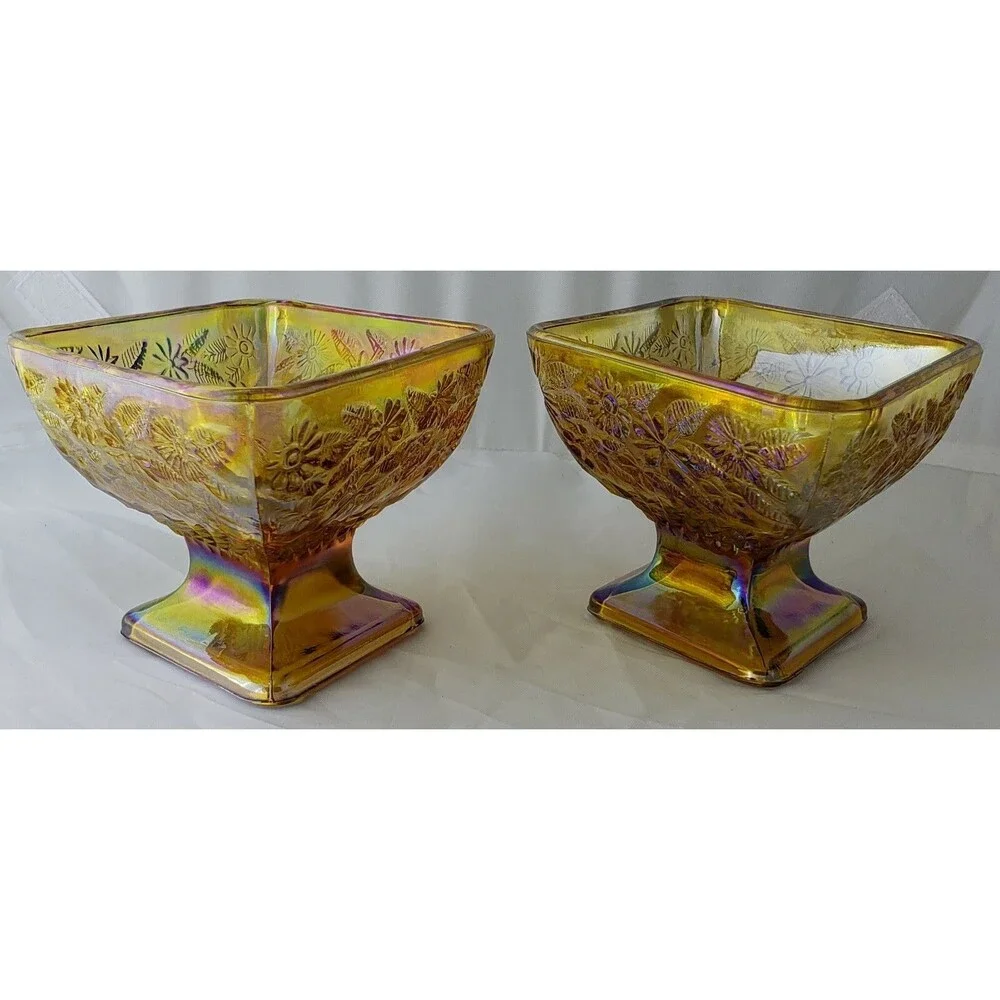 Vintage ~ Iridescent Amber Indiana Carnival Glass ~ Diamond Shaped Pedestal Dish